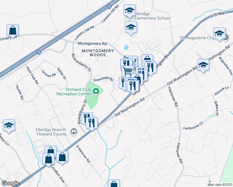 map of restaurants, bars, coffee shops, grocery stores, and more near 6312 Greenfield Road in Elkridge