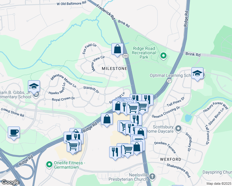 map of restaurants, bars, coffee shops, grocery stores, and more near 12108 Stardrift Drive in Germantown
