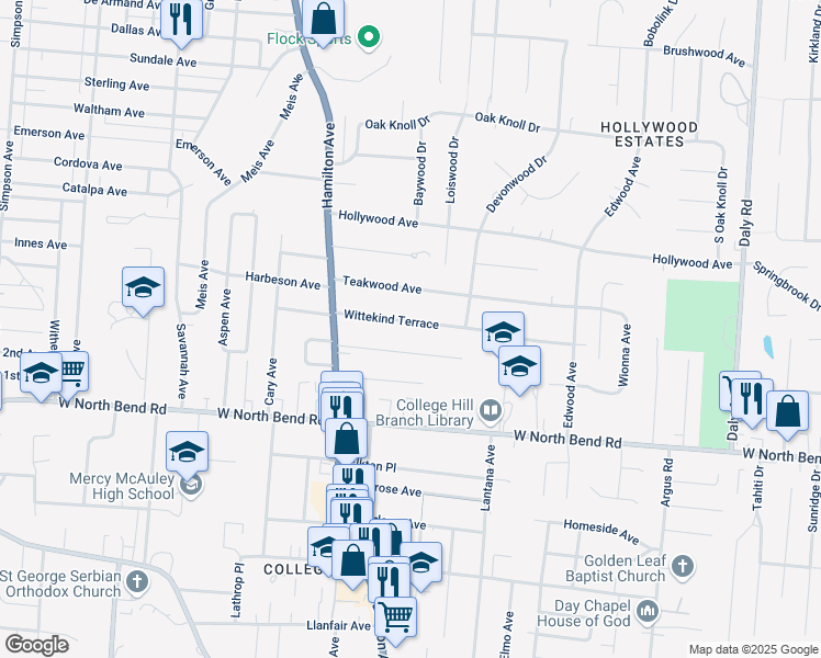 map of restaurants, bars, coffee shops, grocery stores, and more near 1530 Reid Avenue in Cincinnati
