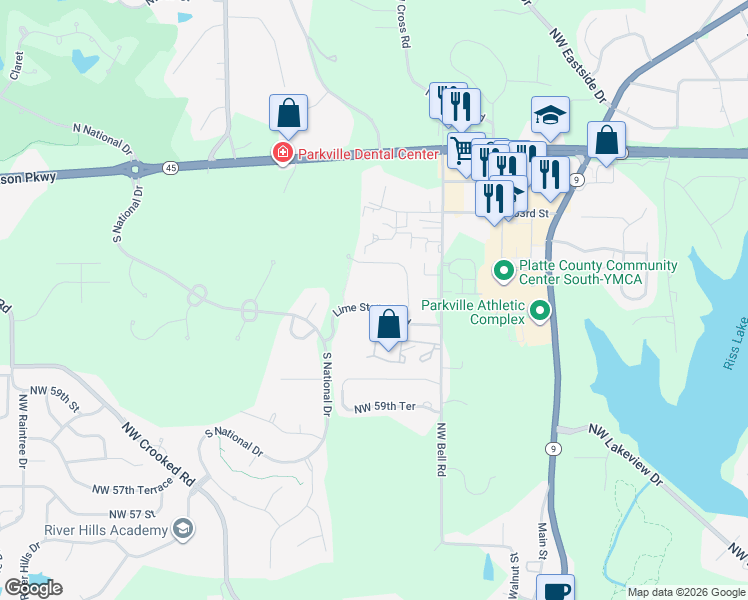 map of restaurants, bars, coffee shops, grocery stores, and more near 9525 Lime Stone Road in Parkville
