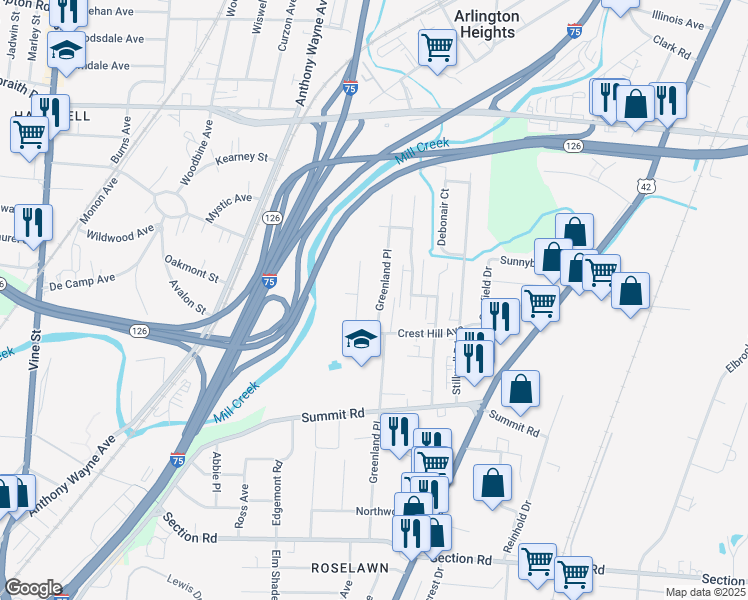 map of restaurants, bars, coffee shops, grocery stores, and more near 7829 Greenland Place in Cincinnati