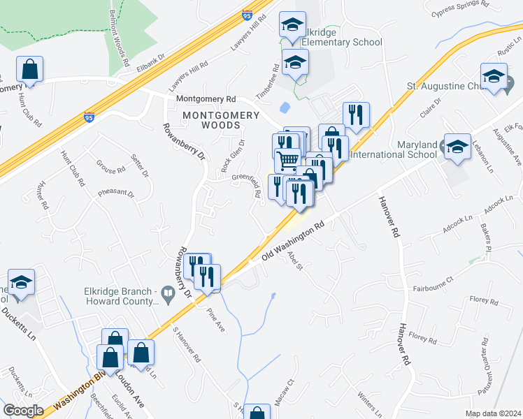 map of restaurants, bars, coffee shops, grocery stores, and more near 6308 Greenfield Road in Elkridge