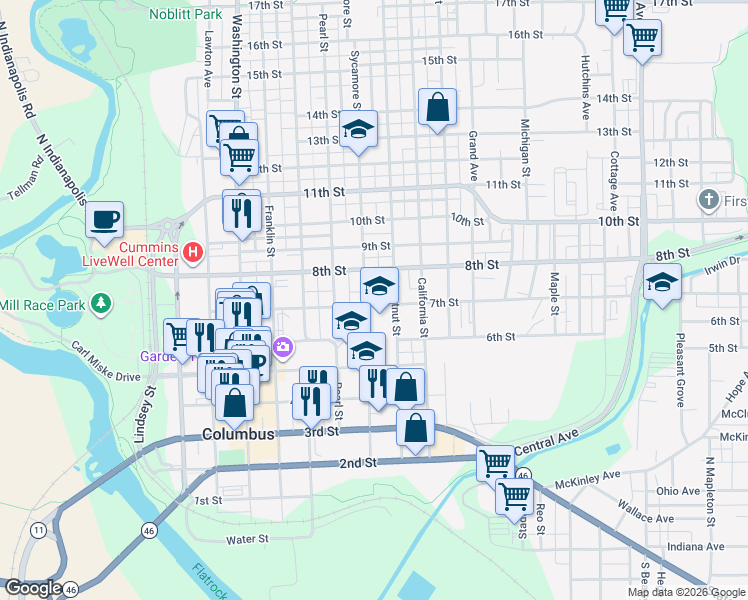 map of restaurants, bars, coffee shops, grocery stores, and more near 822 7th Street in Columbus
