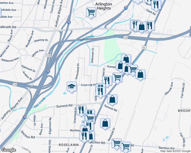 map of restaurants, bars, coffee shops, grocery stores, and more near 7826 Newbedford Avenue in Cincinnati