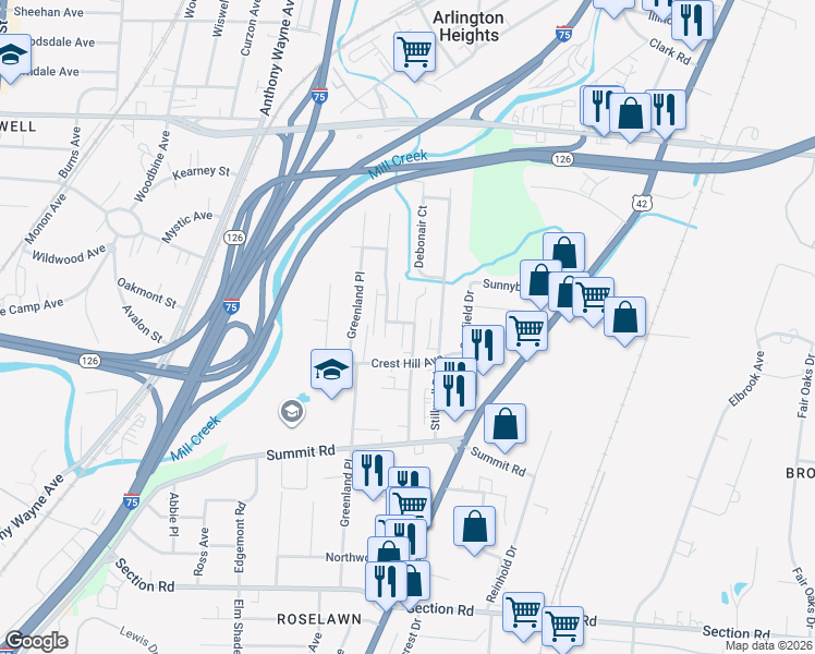 map of restaurants, bars, coffee shops, grocery stores, and more near 7826 Newbedford Avenue in Cincinnati