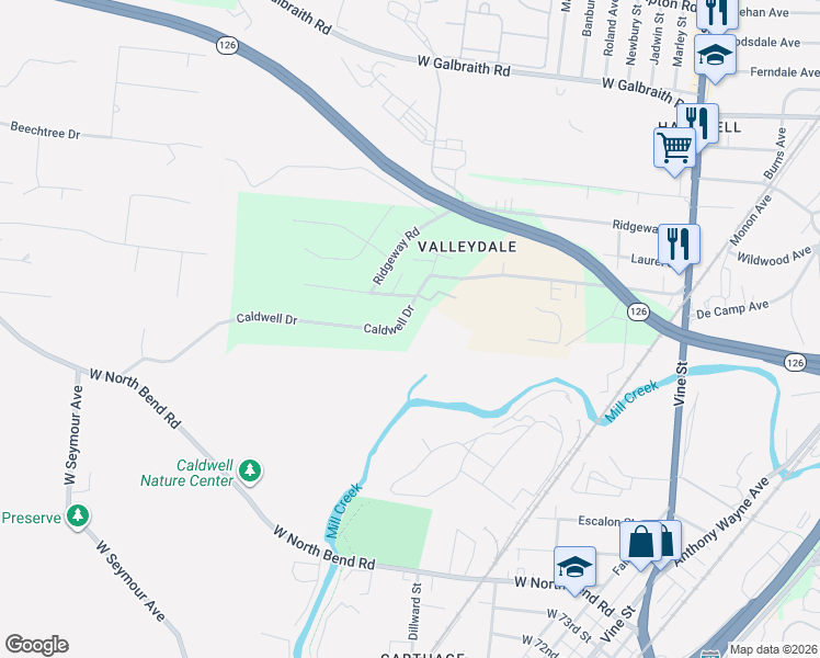 map of restaurants, bars, coffee shops, grocery stores, and more near in Elmwood Place