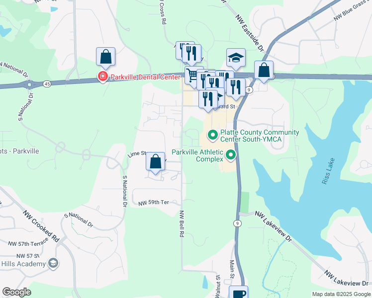 map of restaurants, bars, coffee shops, grocery stores, and more near 6100 Northwest Bell Road in Parkville