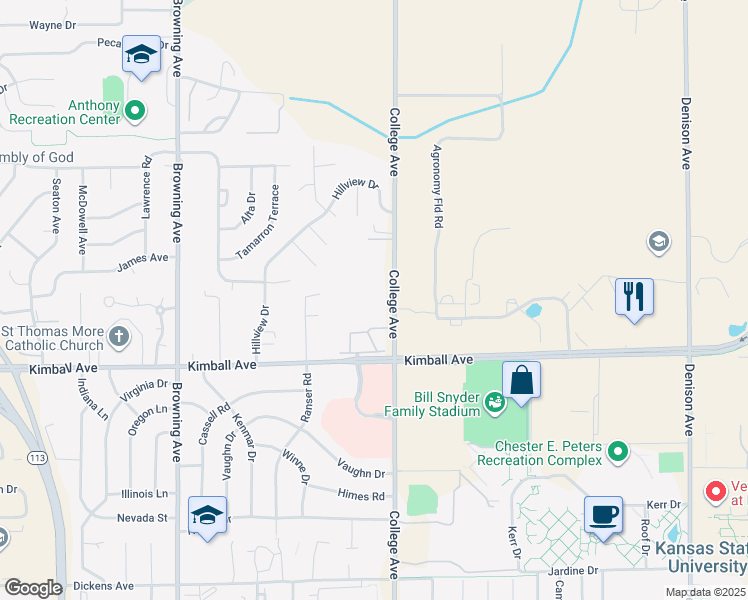 map of restaurants, bars, coffee shops, grocery stores, and more near 2215 College Avenue in Manhattan