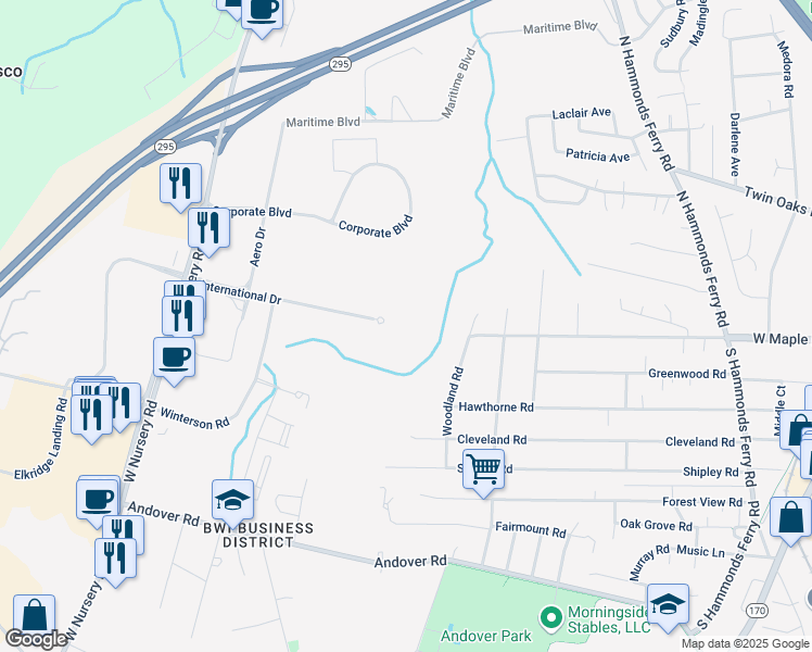 map of restaurants, bars, coffee shops, grocery stores, and more near 801 International Drive in Linthicum Heights