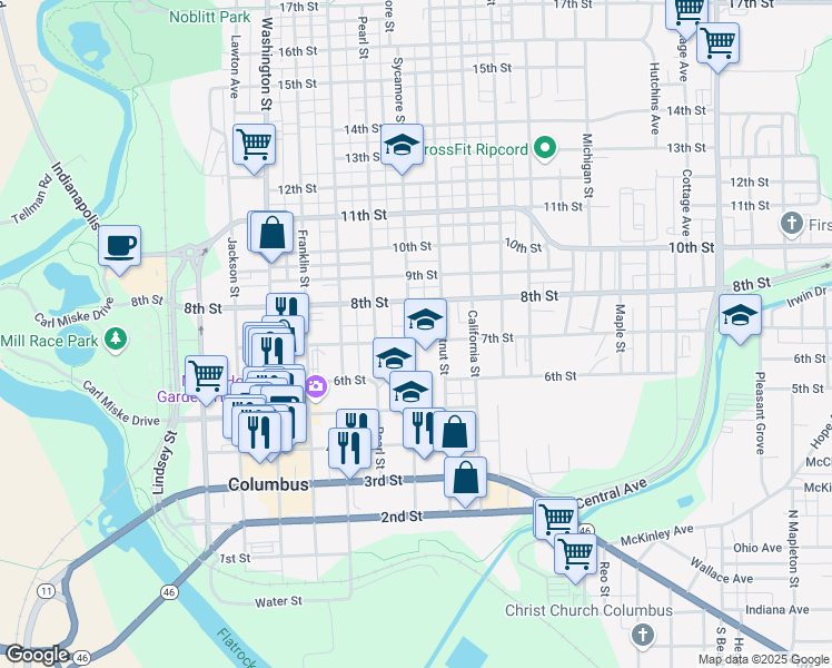 map of restaurants, bars, coffee shops, grocery stores, and more near 810 7th Street in Columbus