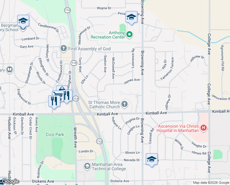 map of restaurants, bars, coffee shops, grocery stores, and more near 2029 Shirley Lane in Manhattan