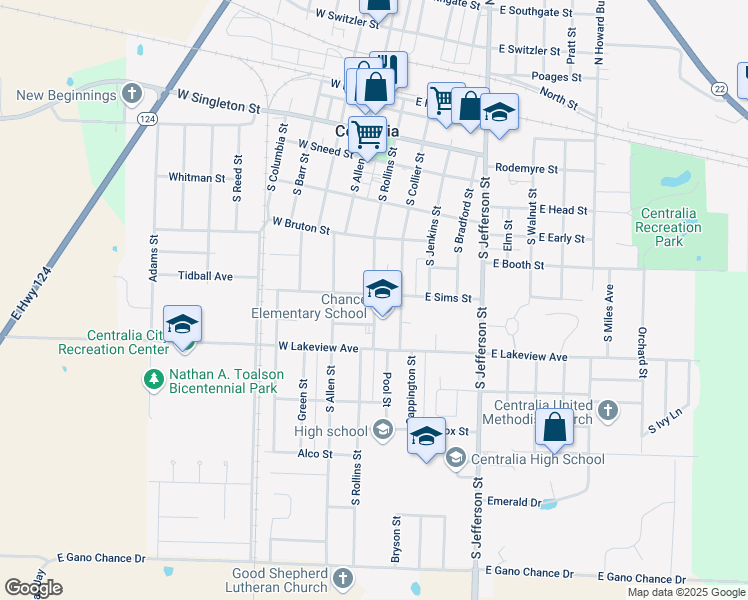 map of restaurants, bars, coffee shops, grocery stores, and more near 510 South Rollins Street in Centralia