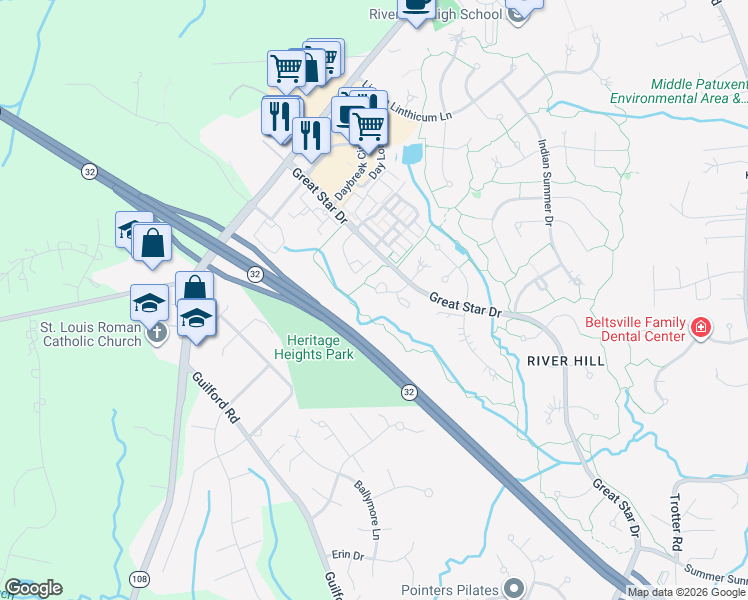 map of restaurants, bars, coffee shops, grocery stores, and more near 6033 Blue Point Court in Clarksville