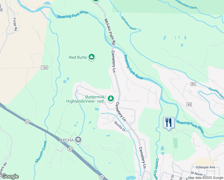 map of restaurants, bars, coffee shops, grocery stores, and more near 1500 Silver King Drive in Aspen