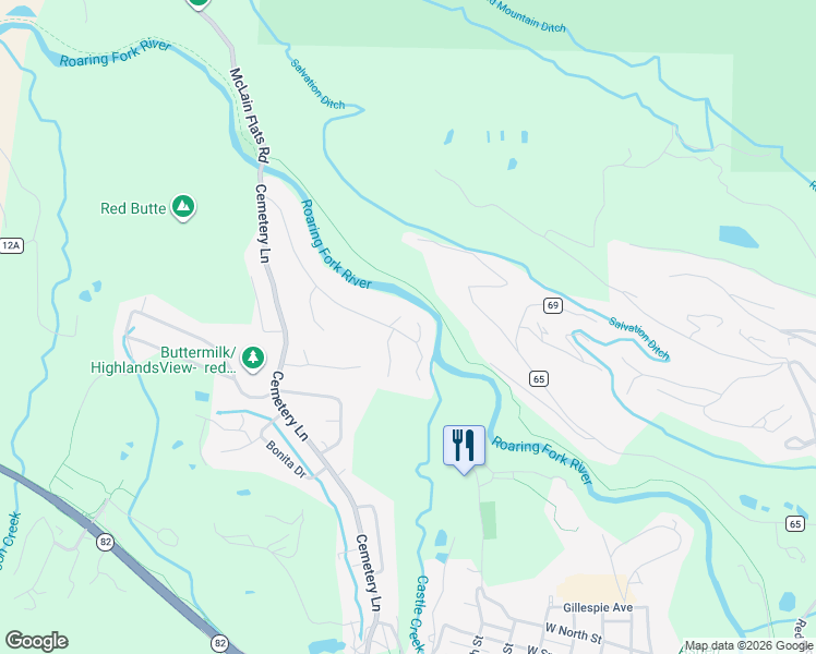 map of restaurants, bars, coffee shops, grocery stores, and more near 1195 Black Birch Drive in Aspen