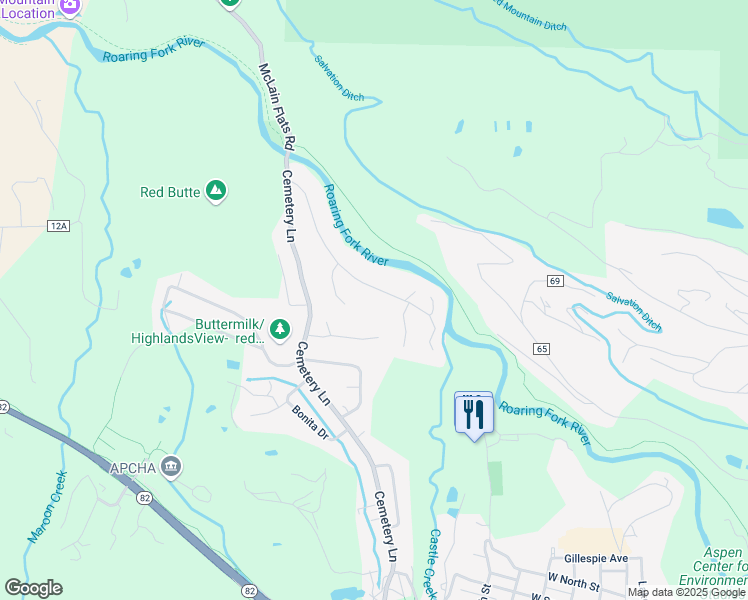 map of restaurants, bars, coffee shops, grocery stores, and more near 1265 Red Butte Drive in Aspen