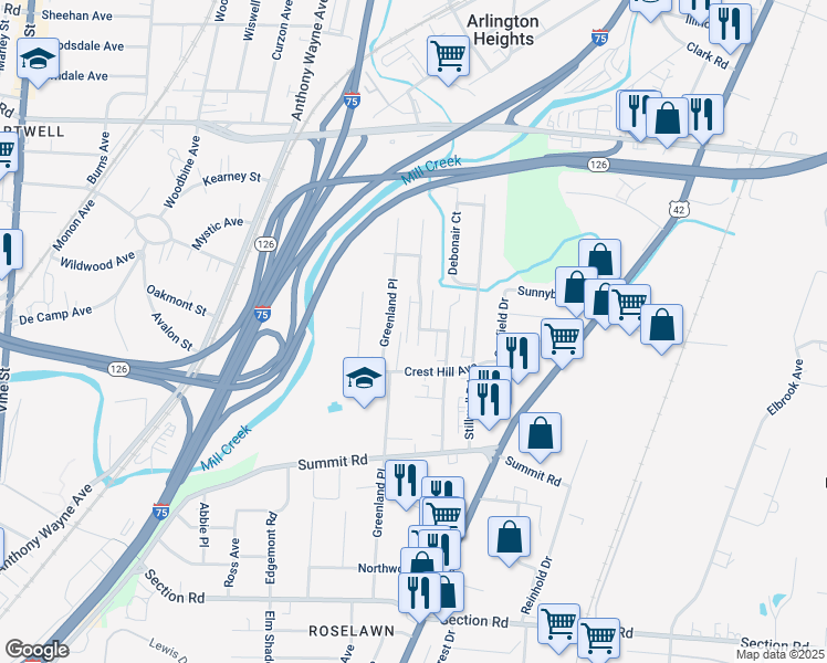 map of restaurants, bars, coffee shops, grocery stores, and more near 7813 Glen Orchard Drive in Cincinnati