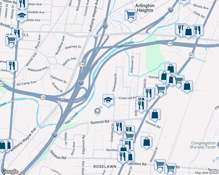 map of restaurants, bars, coffee shops, grocery stores, and more near 7817 Greenland Place in Cincinnati