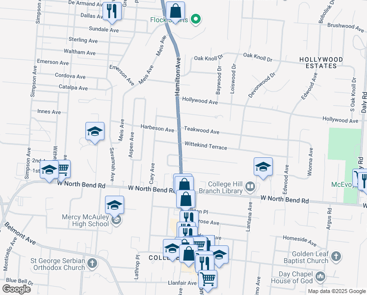 map of restaurants, bars, coffee shops, grocery stores, and more near 6300 Hamilton Avenue in Cincinnati