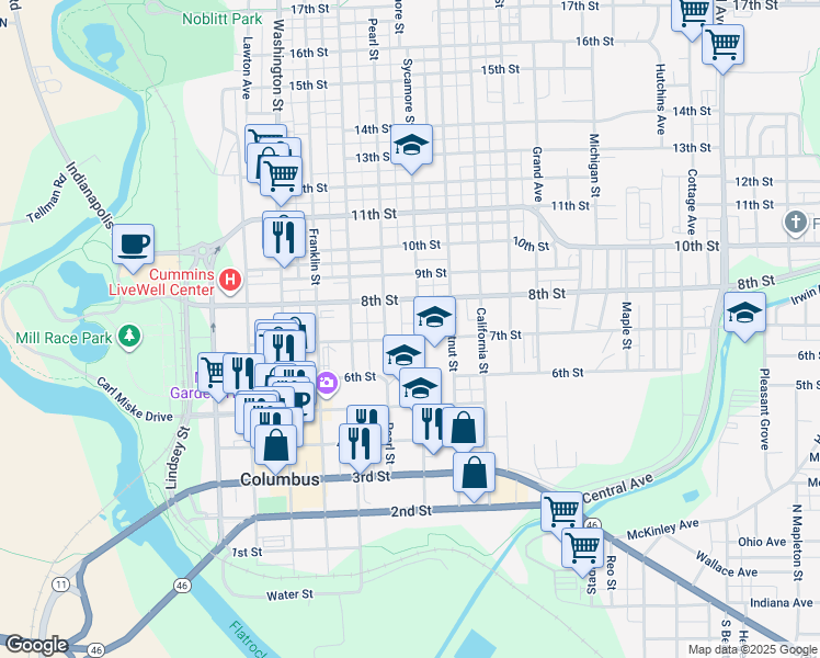 map of restaurants, bars, coffee shops, grocery stores, and more near 718 7th Street in Columbus