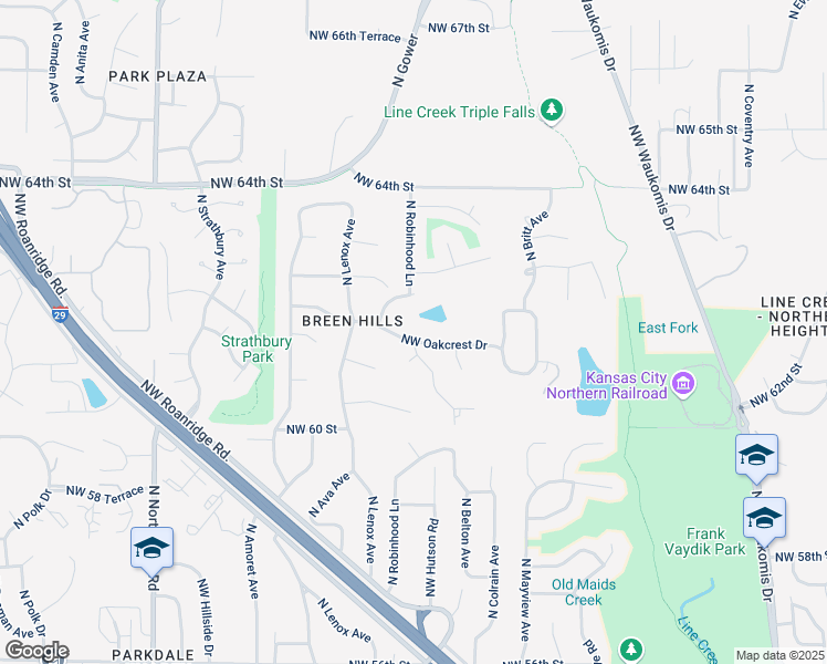 map of restaurants, bars, coffee shops, grocery stores, and more near 3501 Northwest Oakcrest Drive in Kansas City