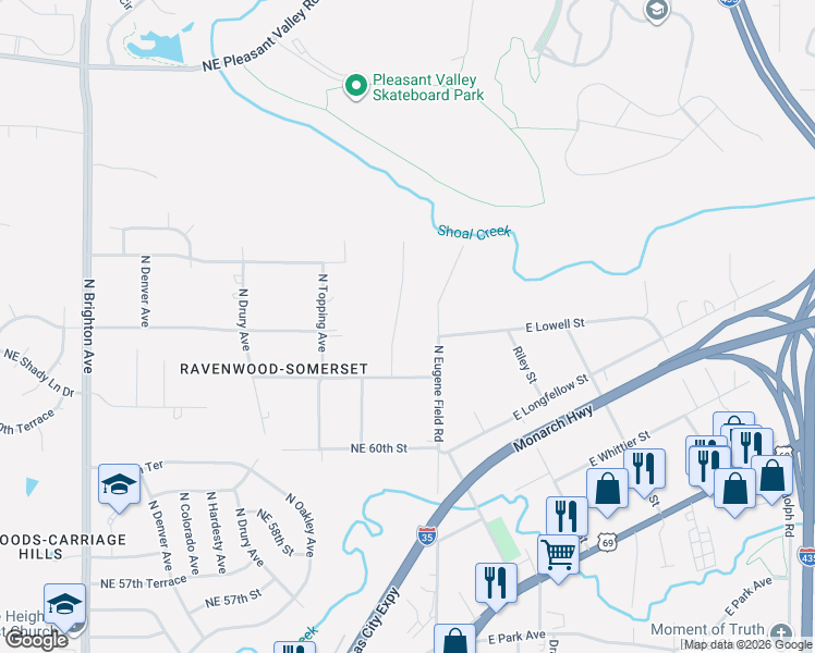 map of restaurants, bars, coffee shops, grocery stores, and more near 6128 North Wheeling Avenue in Kansas City
