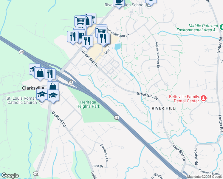 map of restaurants, bars, coffee shops, grocery stores, and more near 6100 White Marble Court in Clarksville