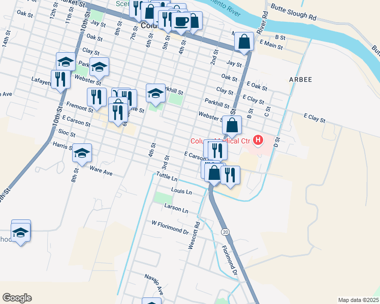 map of restaurants, bars, coffee shops, grocery stores, and more near 1042 2nd Street in Colusa