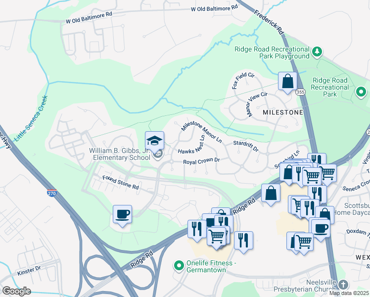 map of restaurants, bars, coffee shops, grocery stores, and more near 12523 Hawks Nest Lane in Germantown