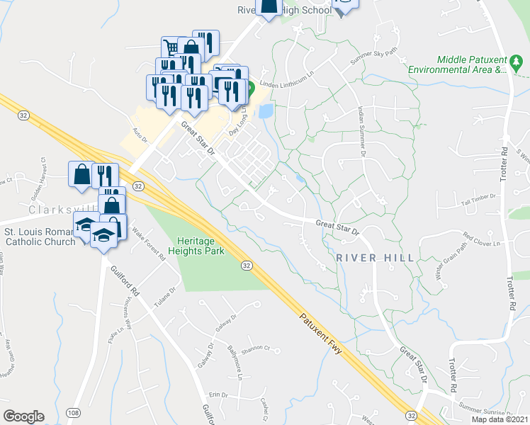 map of restaurants, bars, coffee shops, grocery stores, and more near 6127 White Marble Court in Clarksville
