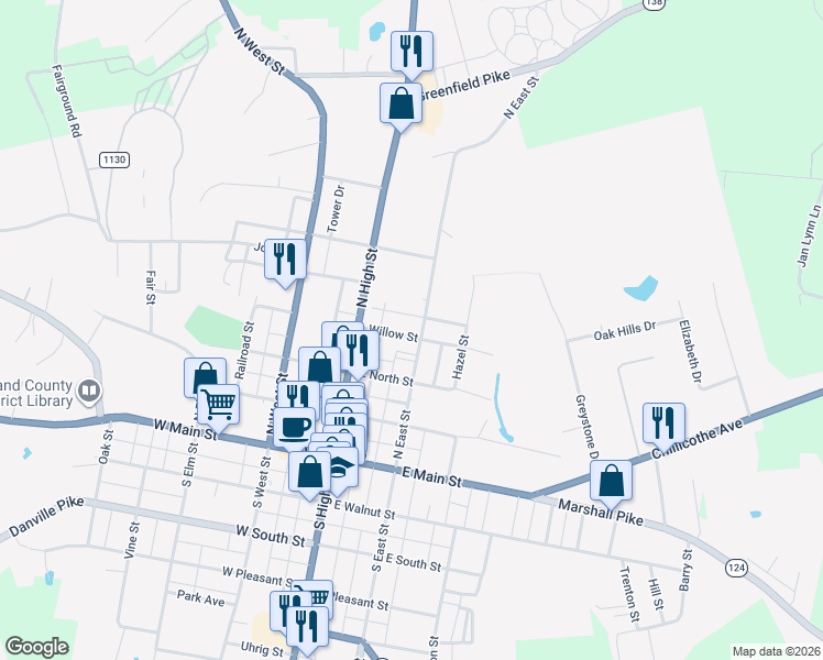 map of restaurants, bars, coffee shops, grocery stores, and more near 147 Willow Street in Hillsboro