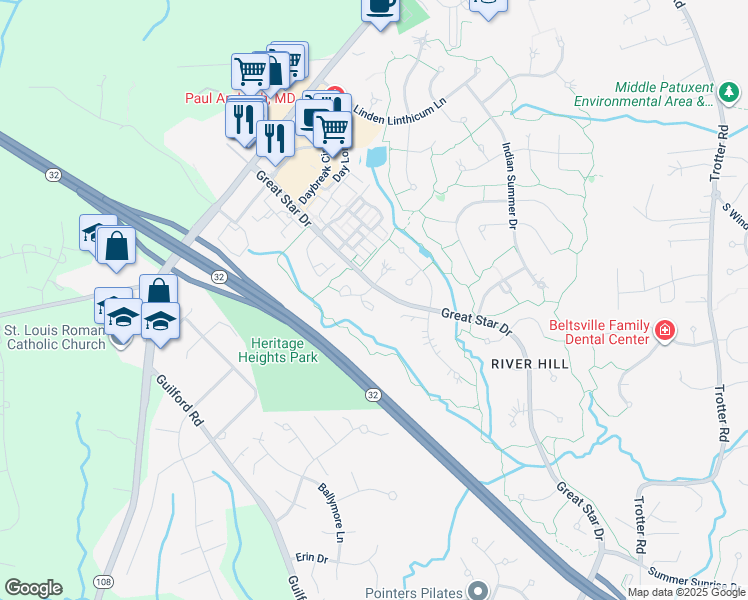 map of restaurants, bars, coffee shops, grocery stores, and more near 6125 White Marble Court in Clarksville