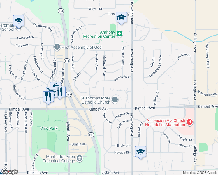 map of restaurants, bars, coffee shops, grocery stores, and more near 2845 Kelly Drive in Manhattan