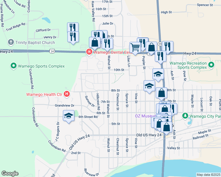 map of restaurants, bars, coffee shops, grocery stores, and more near 1310 8th Street in Wamego