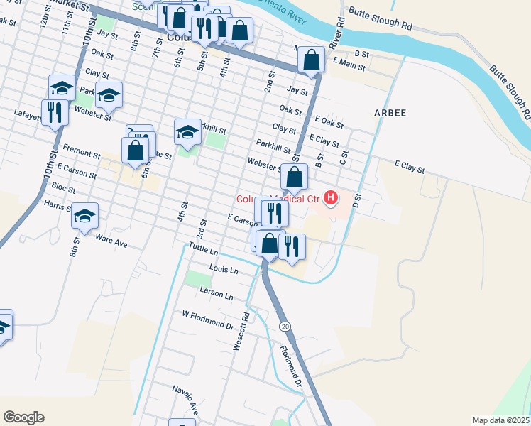 map of restaurants, bars, coffee shops, grocery stores, and more near 14 Carson Street in Colusa