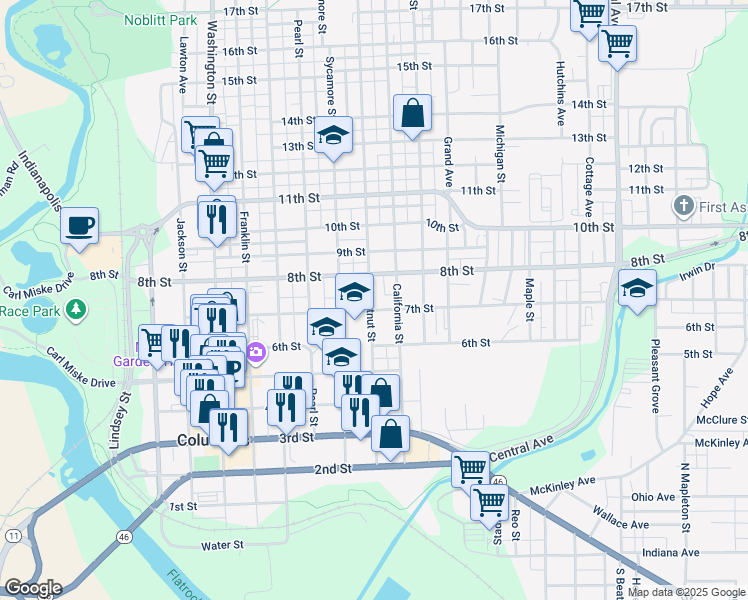 map of restaurants, bars, coffee shops, grocery stores, and more near 628 California Street in Columbus