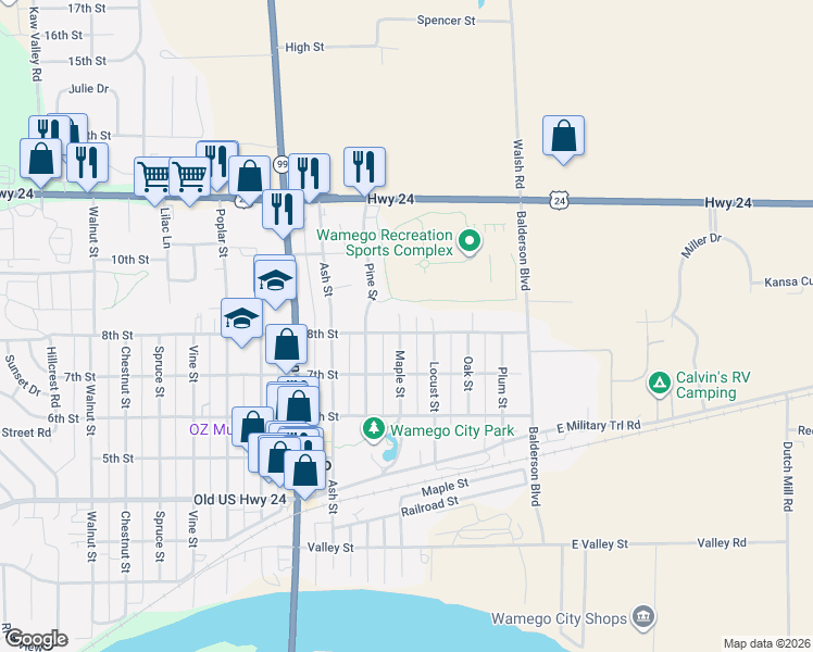 map of restaurants, bars, coffee shops, grocery stores, and more near 707 Locust Street in Wamego