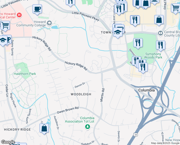 map of restaurants, bars, coffee shops, grocery stores, and more near 10325 Hickory Ridge Road in Columbia