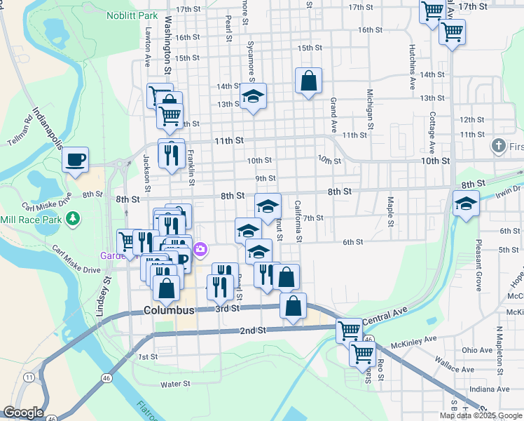 map of restaurants, bars, coffee shops, grocery stores, and more near 725 7th Street in Columbus