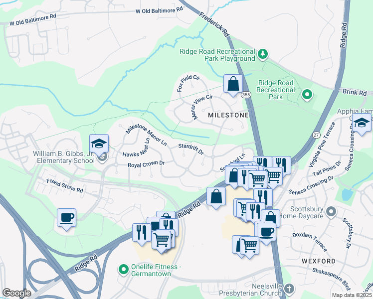 map of restaurants, bars, coffee shops, grocery stores, and more near 21307 China Aster Court in Germantown