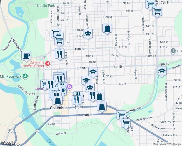 map of restaurants, bars, coffee shops, grocery stores, and more near 725 Sycamore Street in Columbus