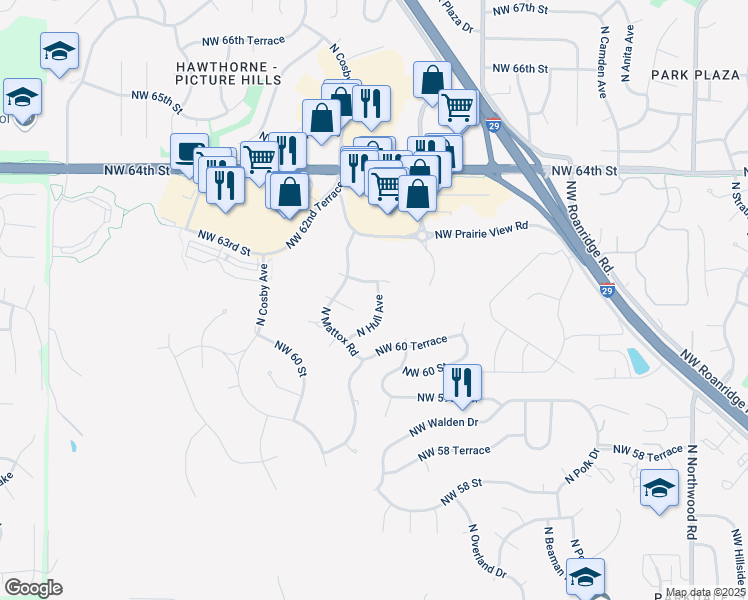 map of restaurants, bars, coffee shops, grocery stores, and more near 6134 North Hull Drive in Kansas City