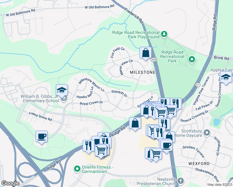 map of restaurants, bars, coffee shops, grocery stores, and more near 21307 China Aster Court in Germantown