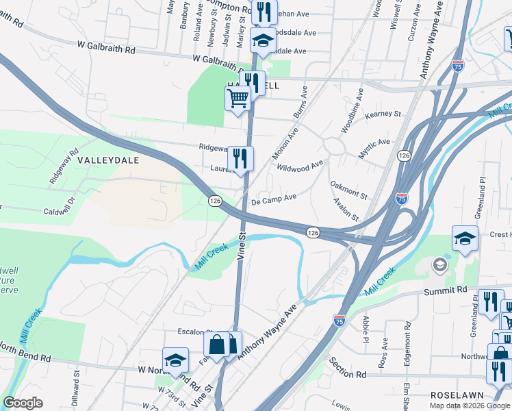 map of restaurants, bars, coffee shops, grocery stores, and more near 8000 Vine Street in Cincinnati