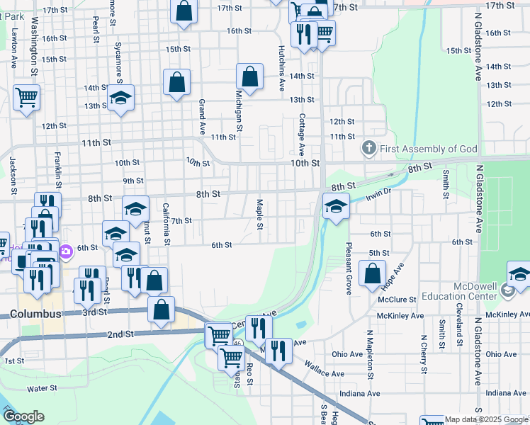 map of restaurants, bars, coffee shops, grocery stores, and more near 625 Maple Street in Columbus