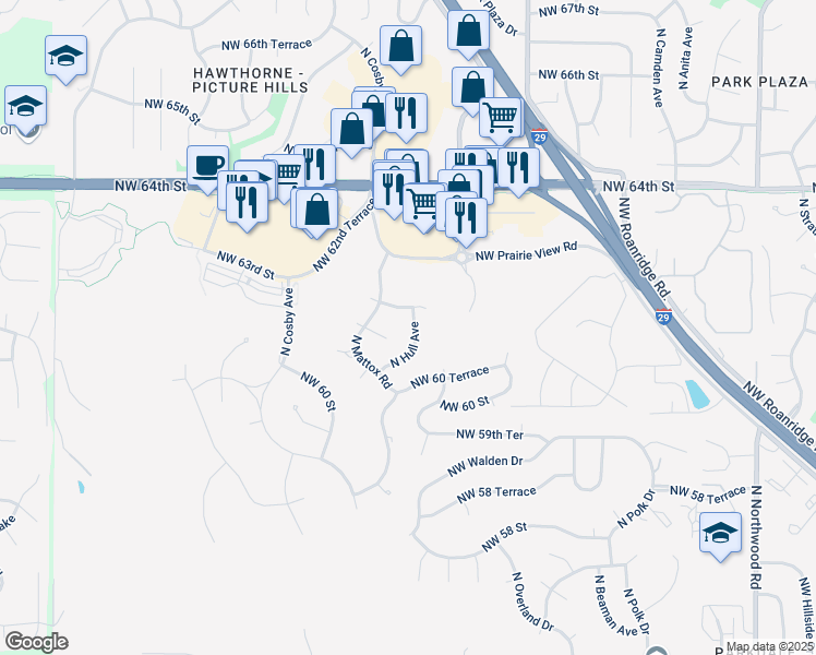 map of restaurants, bars, coffee shops, grocery stores, and more near 6134 North Hull Drive in Kansas City