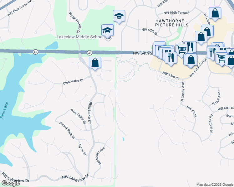 map of restaurants, bars, coffee shops, grocery stores, and more near 6121 North Klamm Road in Kansas City