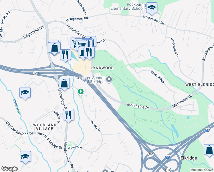 map of restaurants, bars, coffee shops, grocery stores, and more near 6085 Marshalee Drive in Elkridge