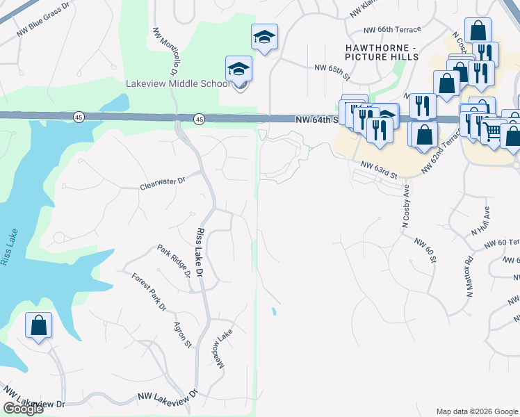 map of restaurants, bars, coffee shops, grocery stores, and more near 6121 North Klamm Road in Kansas City