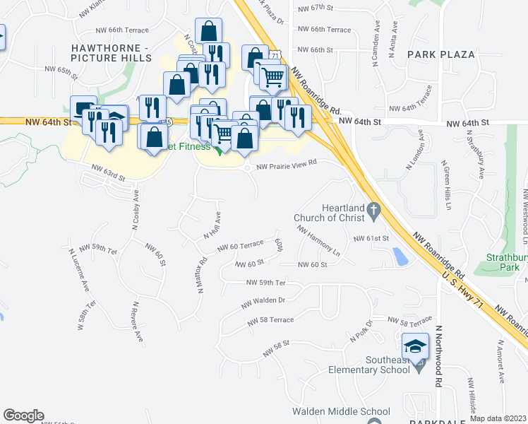 map of restaurants, bars, coffee shops, grocery stores, and more near 6150 North Chatham Avenue in Kansas City